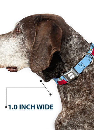 PEANUTS Title Logo Full Color Gray/White Seatbelt Buckle Collar - Peanuts Snoopy and Woodstock Dog House Pose and Text Sky Blue