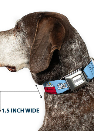 PEANUTS Title Logo Full Color Gray/White Seatbelt Buckle Collar - Peanuts Snoopy and Woodstock Dog House Pose and Text Sky Blue