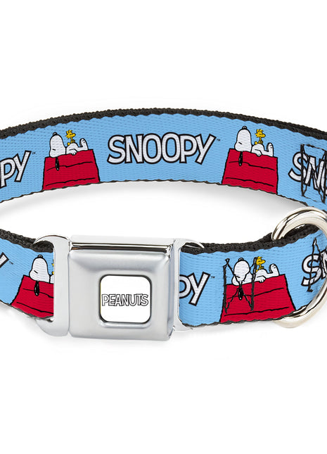 PEANUTS Title Logo Full Color Gray/White Seatbelt Buckle Collar - Peanuts Snoopy and Woodstock Dog House Pose and Text Sky Blue