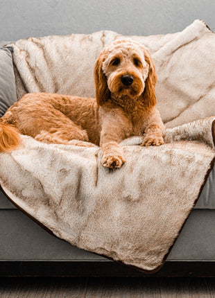 PupProtector™ Short Fur Waterproof Throw Blanket - White with Brown Accents