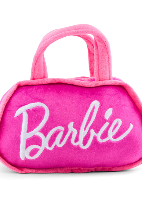 Dog Toy Squeaker Plush - Barbie Silhouette and Autograph Script Handbag Replica Pink/White