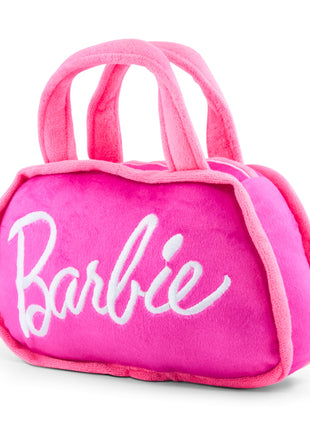 Dog Toy Squeaker Plush - Barbie Silhouette and Autograph Script Handbag Replica Pink/White