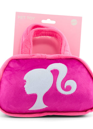 Dog Toy Squeaker Plush - Barbie Silhouette and Autograph Script Handbag Replica Pink/White