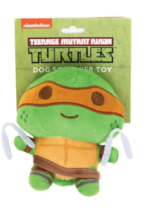 Dog Toy Squeaker Plush - Teenage Mutant Ninja Turtles Michelangelo Full Body Nunchucks Pose Orange
