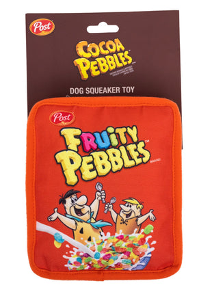 Dog Toy Squeaker Plush - Fruity Pebbles Fred Flintstone and Barney Rubble Cereal Box Replica Red