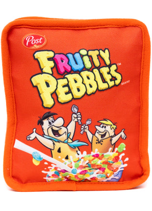 Dog Toy Squeaker Plush - Fruity Pebbles Fred Flintstone and Barney Rubble Cereal Box Replica Red