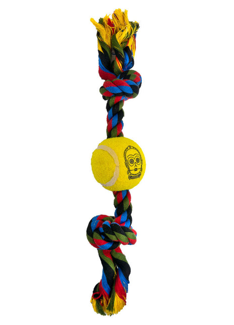 Dog Toy Tennis Ball Rope Toy - Star Wars C3-PO Face Yellow + Multi Color Rope