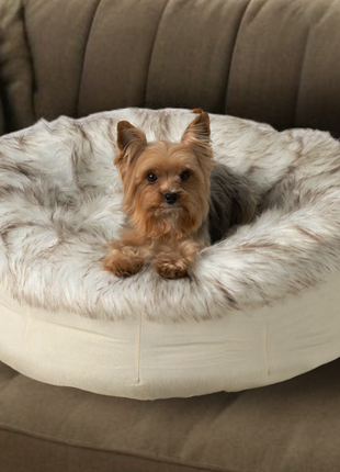 PupPouf™ Faux Fur Donut Dog Bed - White with Brown Accents