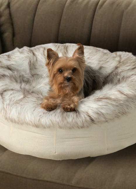 PupPouf™ Faux Fur Donut Dog Bed - White with Brown Accents