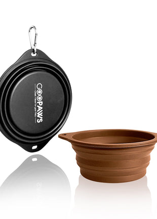 GOOPAWS 2 Pack Silicone Non-Skid Travel Dog and Cat Bowl, Black & Brown