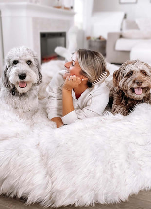 PupCloud™ Human-Size Faux Fur Memory Foam Dog Bed - White with Brown Accents