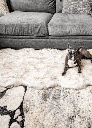 PupRug® Runner Faux Fur Memory Foam Dog Bed - Curve White with Brown Accents