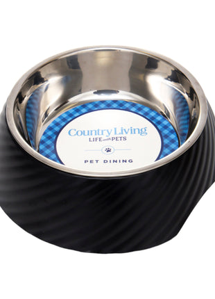 Country Living Set of 2 Round Twill Melamine Dog Bowls with Removable Stainless Steel Inserts – Black