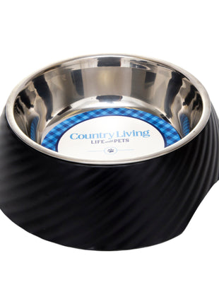 Country Living Set of 2 Round Twill Melamine Dog Bowls with Removable Stainless Steel Inserts – Black