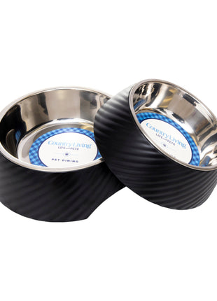 Country Living Set of 2 Round Twill Melamine Dog Bowls with Removable Stainless Steel Inserts – Black