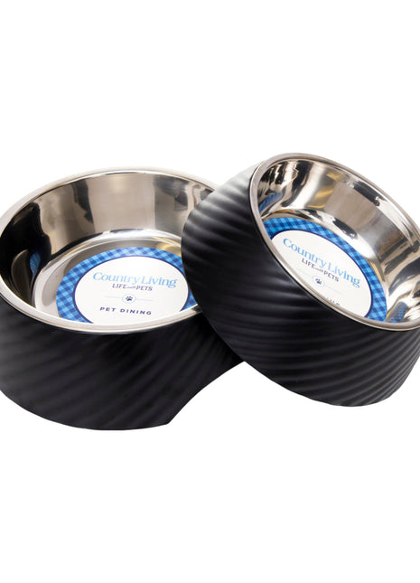 Country Living Set of 2 Round Twill Melamine Dog Bowls with Removable Stainless Steel Inserts – Black