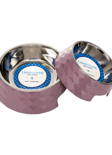 Country Living Set of 2 Diamond Twill Melamine Dog Bowls with Removable Stainless Steel Inserts – Wood Rose