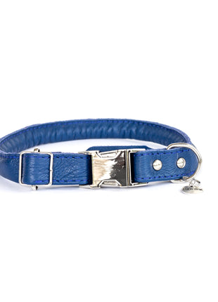 Rolled Style Blue Leather Quick-Release Dog Collar