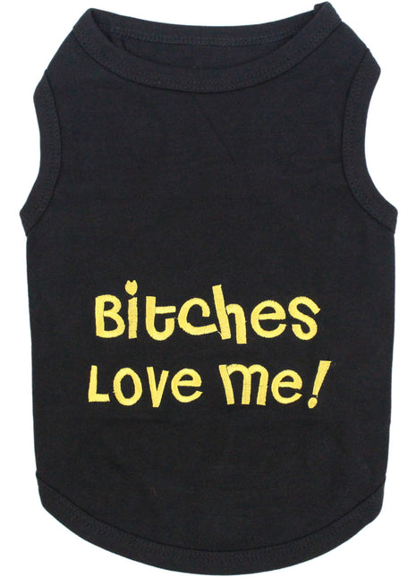 Parisian Pet 'Bitches Love Me' Funny Dog Shirt – Embroidered Cotton Pet T-Shirt for Dogs & Cats, Black-Valentine's Day