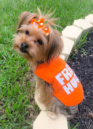 Parisian Pet 'Free Hugs' Embroidered Dog T-Shirt – Trendy Casual Outfit for Small Dogs & Cats, Orange - Valentine's Day