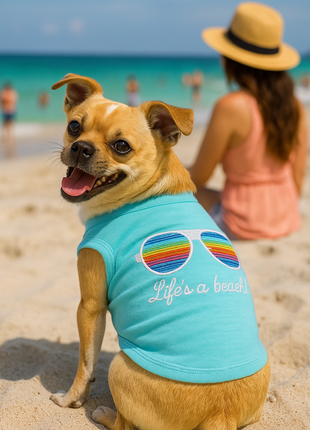 Parisian Pet 'Life's a Beach' Summer Dog T-Shirt – Comfortable Beach-Themed Pet Clothing for Dogs & Cats, Light Blue
