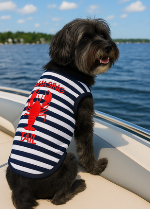 Parisian Pet 'Lobster Chasing Tail' Dog Shirt – Nautical Cotton Pet T-Shirt for Dogs & Cats, Blue & White Stripes