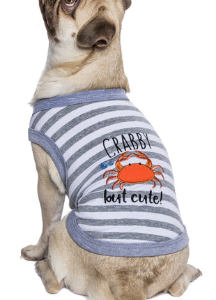 Parisian Pet 'Crabby But Cute Tee' Embroidered Dog Shirt - Trendy Pet Apparel for Dogs & Cats, Gray and White Stripes