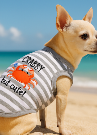Parisian Pet 'Crabby But Cute Tee' Embroidered Dog Shirt - Trendy Pet Apparel for Dogs & Cats, Gray and White Stripes