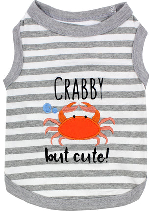 Parisian Pet 'Crabby But Cute Tee' Embroidered Dog Shirt - Trendy Pet Apparel for Dogs & Cats, Gray and White Stripes