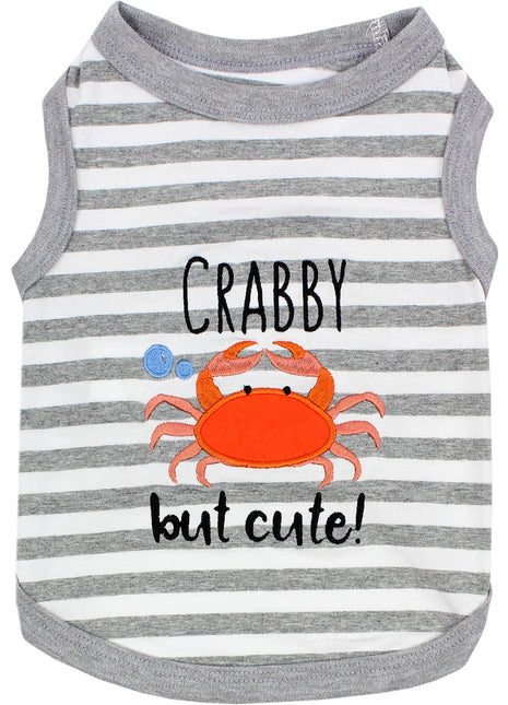 Parisian Pet 'Crabby But Cute Tee' Embroidered Dog Shirt - Trendy Pet Apparel for Dogs & Cats, Gray and White Stripes