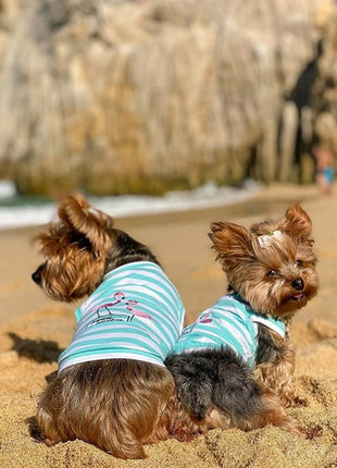 Parisian Pet 'Flamingos'  Dog Shirt – Lightweight & Breathable Summer Outfit for Small Dogs & Cats, Light Blue and White Stripes