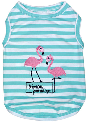 Parisian Pet 'Flamingos'  Dog Shirt – Lightweight & Breathable Summer Outfit for Small Dogs & Cats, Light Blue and White Stripes