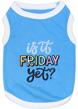 Parisian Pet 'Is It Friday Yet?' Embroidered Dog T-Shirt – Trendy Weekend Dog Apparel for Dogs & Cats, Light Blue