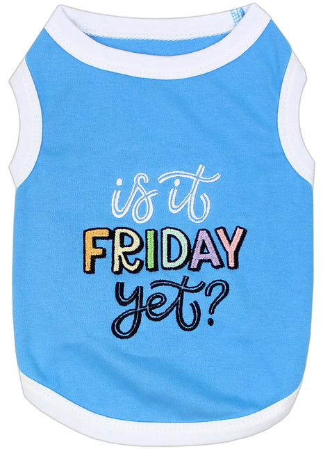 Parisian Pet 'Is It Friday Yet?' Embroidered Dog T-Shirt – Trendy Weekend Dog Apparel for Dogs & Cats, Light Blue