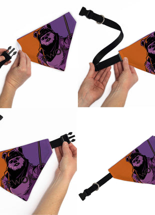 Pet Bandana - Star Wars EWOK Text and Wicket Pop Art Pose Orange/Purples/Black