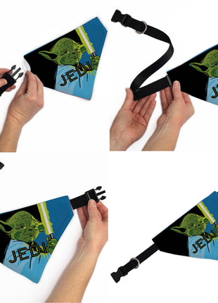 Pet Bandana - Star Wars JEDI Text and Yoda Lightsaber Pop Art Pose Black/Blues