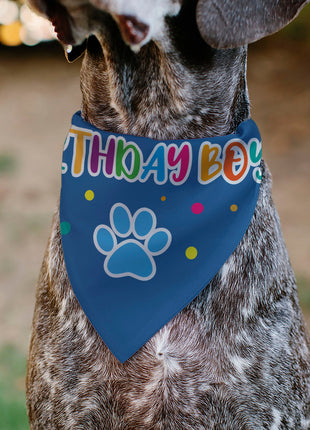 Pet Bandana - BIRTHDAY BOY Text Paw and Confetti Blue/Multi Color