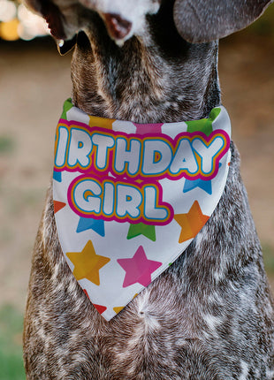 Pet Bandana - BIRTHDAY GIRL Text and Stars White/Multi Color