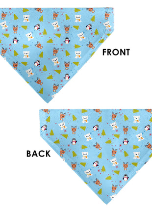 Pet Bandana - Holiday Winter Animals and Christmas Trees Collage Baby Blue
