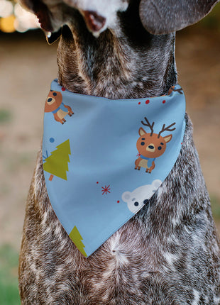 Pet Bandana - Holiday Winter Animals and Christmas Trees Collage Baby Blue