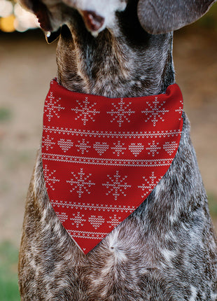 Pet Bandana - Holiday Sweater Stitch Hearts and Snowflakes Red/White
