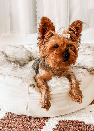 PupPouf™ Faux Fur Donut Dog Bed - White with Brown Accents
