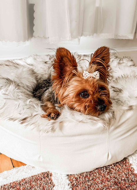 PupPouf™ Faux Fur Donut Dog Bed - White with Brown Accents