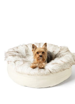 PupPouf™ Faux Fur Donut Dog Bed - White with Brown Accents