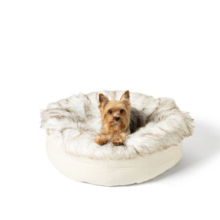 PupPouf™ Faux Fur Donut Dog Bed - White with Brown Accents
