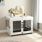 Wooden Dog Crate & End Table with 360°Rotatable Bowls & Tray, Marble White