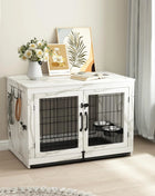 Wooden Dog Crate & End Table with 360°Rotatable Bowls & Tray, Marble White