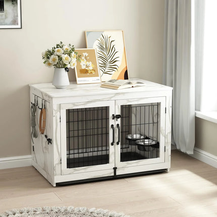 Wooden Dog Crate & End Table with 360°Rotatable Bowls & Tray, Marble White