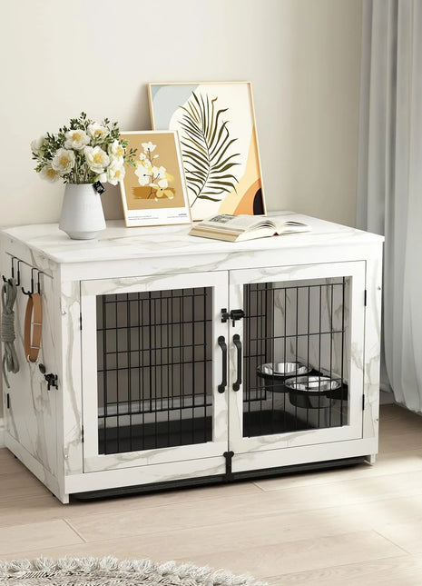 Wooden Dog Crate & End Table with 360°Rotatable Bowls & Tray, Marble White