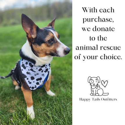 Dog wearing a bandana in a grassy field with text about animal rescue donations.